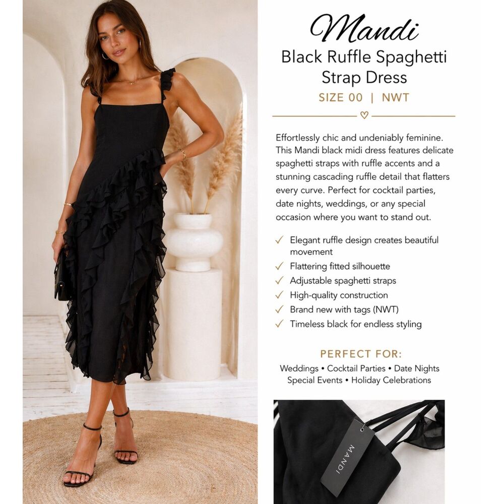 Likely Black Ruffle Spaghetti Strap Midi Dress Size 00 NWT  Cocktail Party $348